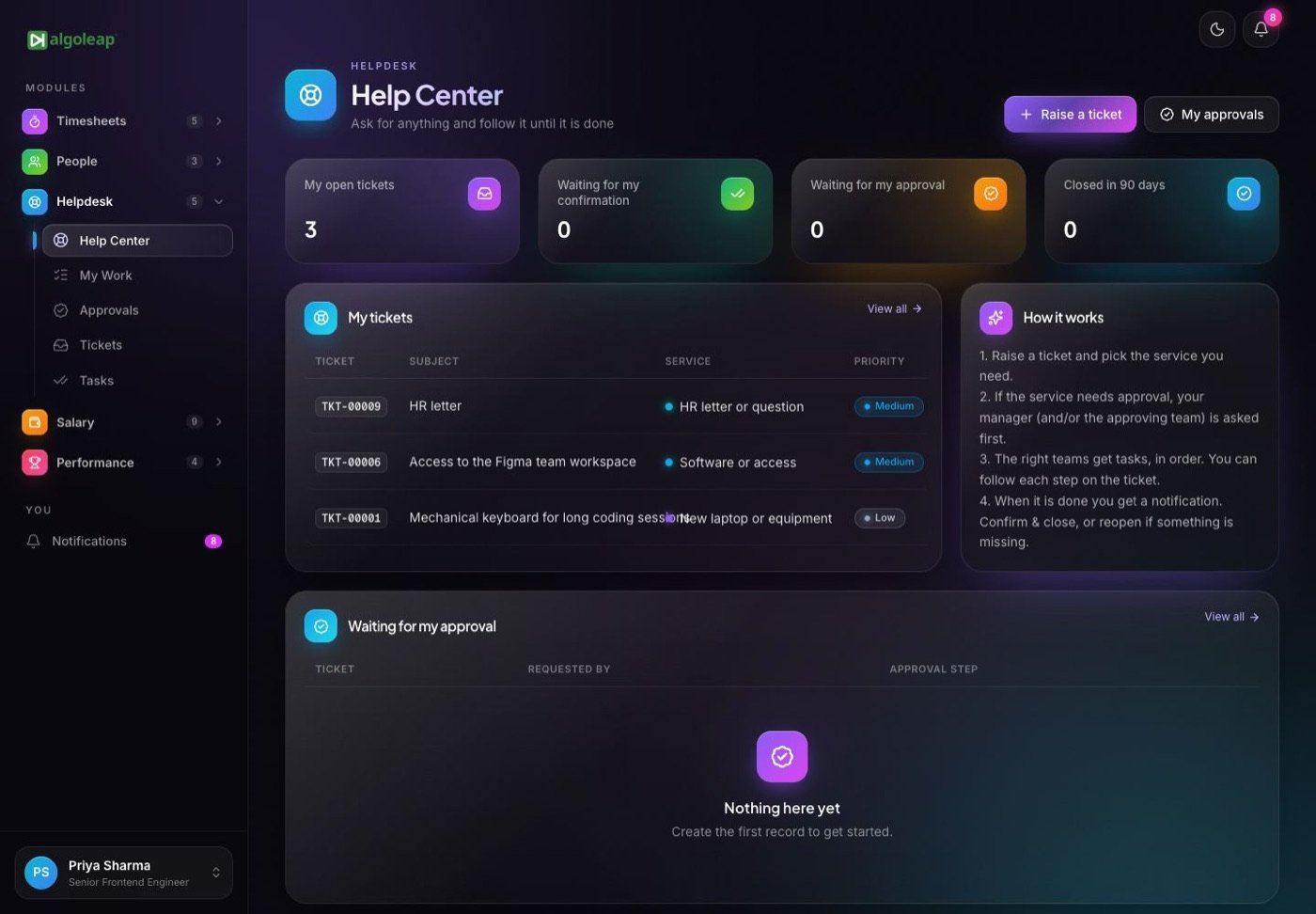 Help centre screen