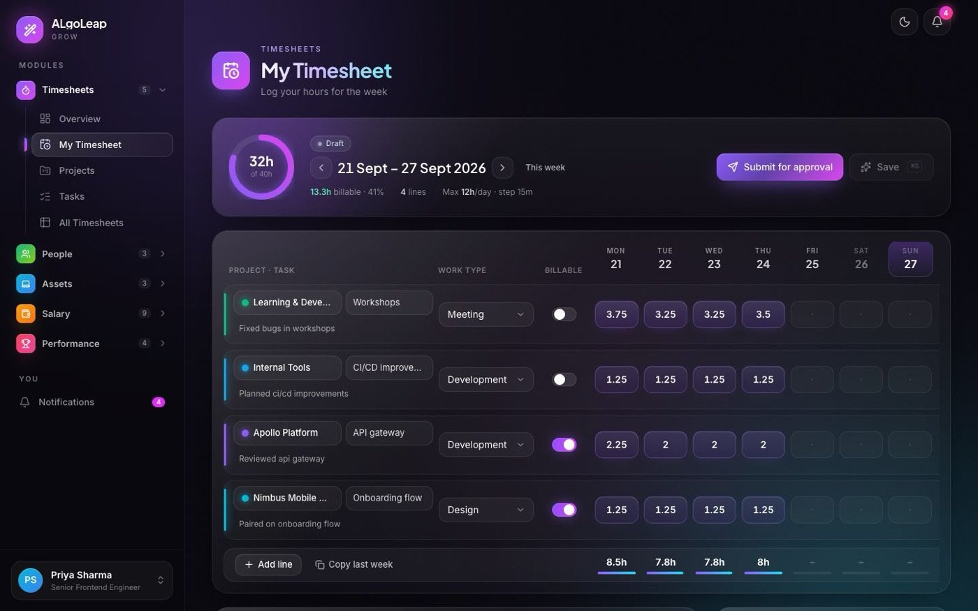 Timesheet screen